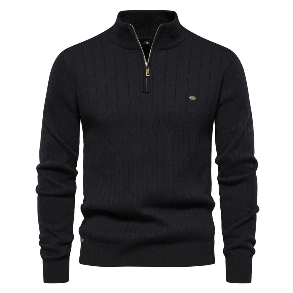 Men's Stand Collar Half-Zipper Striped Knit Sweater – High Quality Slim Fit Top