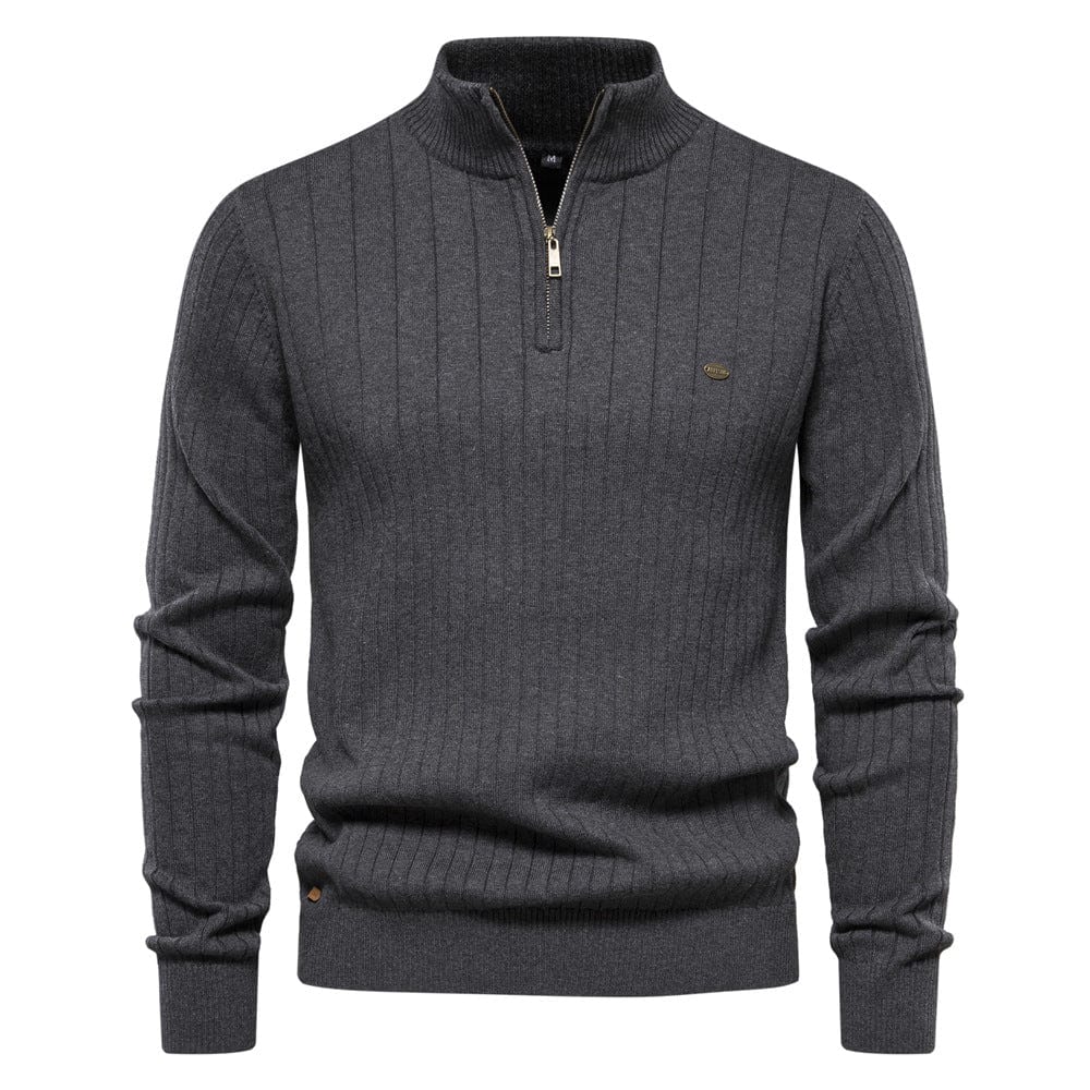 Men's Stand Collar Half-Zipper Striped Knit Sweater – High Quality Slim Fit Top