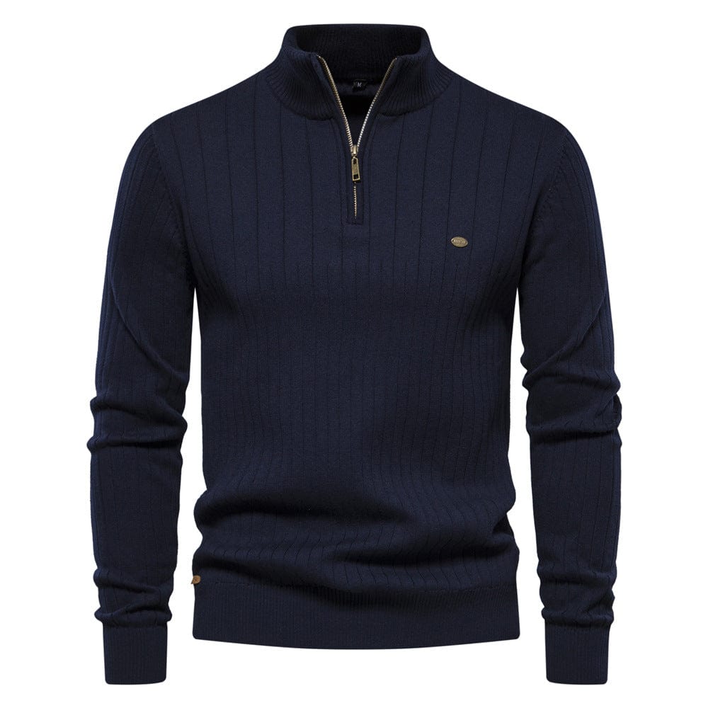 Men's Stand Collar Half-Zipper Striped Knit Sweater – High Quality Slim Fit Top