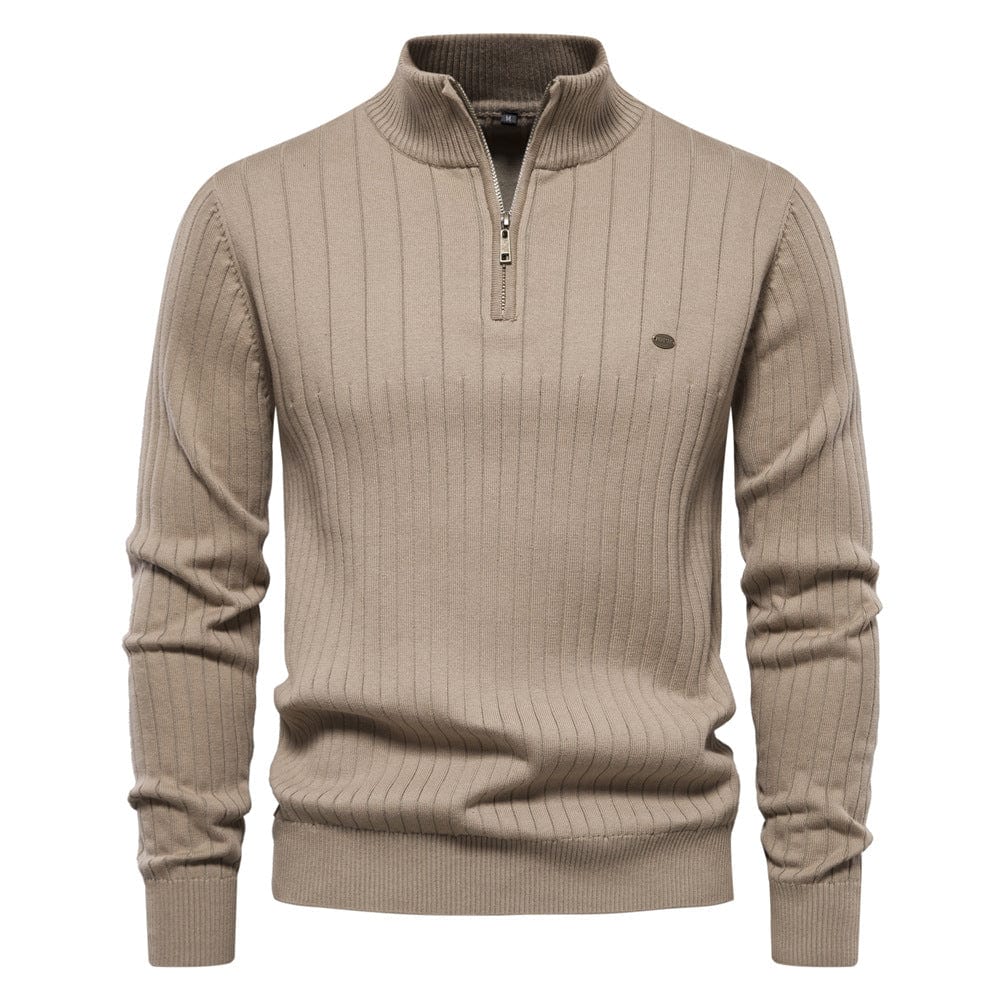 Men's Stand Collar Half-Zipper Striped Knit Sweater – High Quality Slim Fit Top